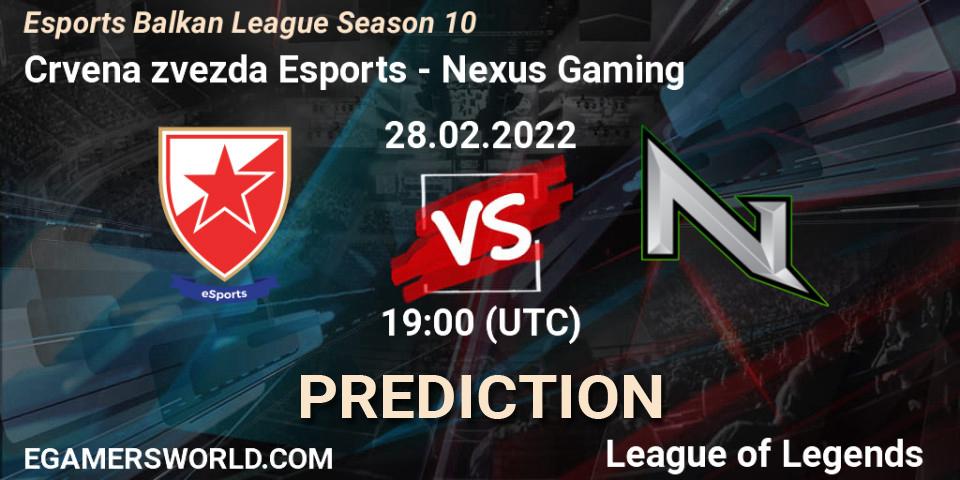 Pronósticos Crvena zvezda Esports - Nexus Gaming. 28.02.2022 at 19:00. Esports Balkan League Season 10 - LoL