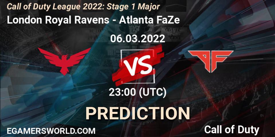 Pronósticos London Royal Ravens - Atlanta FaZe. 06.03.2022 at 23:00. Call of Duty League 2022: Stage 1 Major - Call of Duty