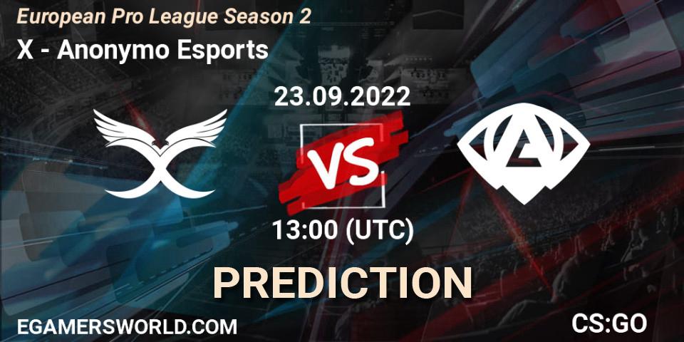 Pronósticos X - Anonymo Esports. 23.09.2022 at 13:00. European Pro League Season 2 - Counter-Strike (CS2)