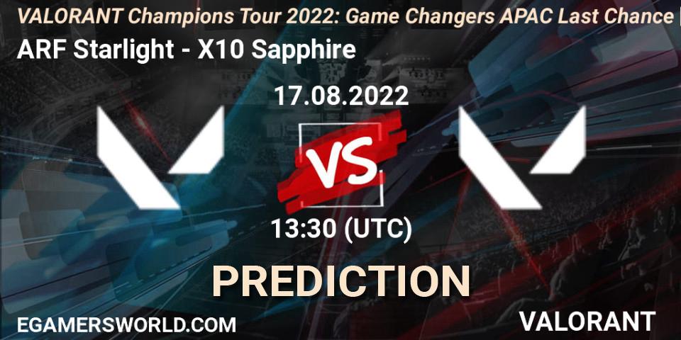Pronósticos ARF Starlight - X10 Sapphire. 17.08.2022 at 13:30. VCT 2022: Game Changers APAC Last Chance Qualifier - VALORANT