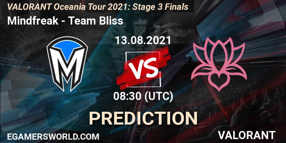Pronósticos Mindfreak - Team Bliss. 13.08.2021 at 08:30. VALORANT Oceania Tour 2021: Stage 3 Finals - VALORANT
