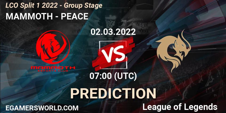 Pronósticos MAMMOTH - PEACE. 02.03.2022 at 07:00. LCO Split 1 2022 - Group Stage - LoL