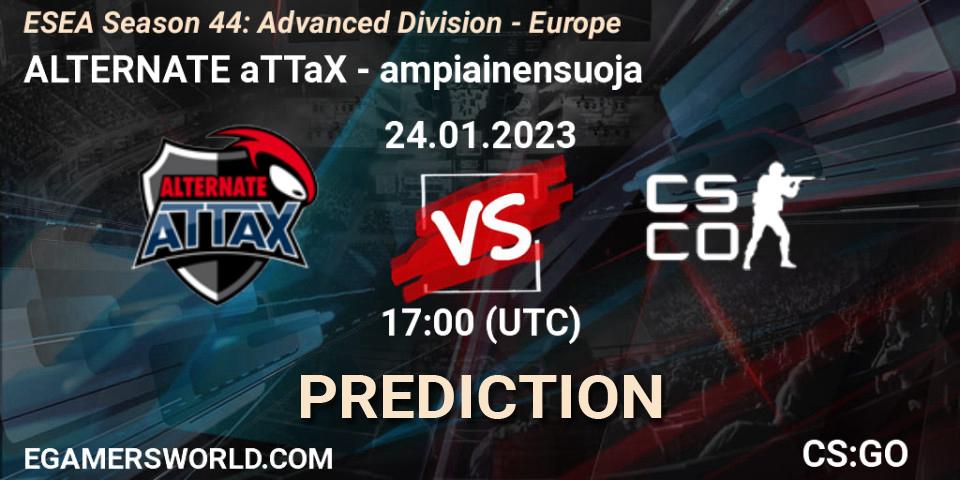 Pronósticos ALTERNATE aTTaX - ampiainensuoja. 24.01.2023 at 17:00. ESEA Season 44: Advanced Division - Europe - Counter-Strike (CS2)