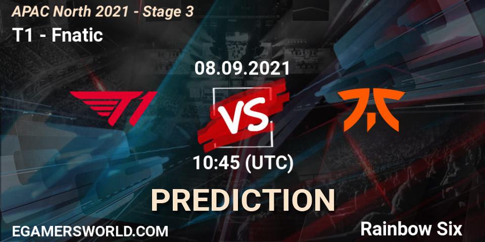 Pronósticos T1 - Fnatic. 08.09.2021 at 10:45. APAC North 2021 - Stage 3 - Rainbow Six