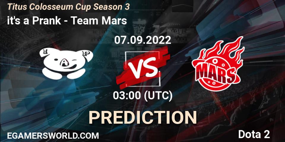 Pronósticos it's a Prank - Team Mars. 07.09.2022 at 03:12. Titus Colosseum Cup Season 3 - Dota 2