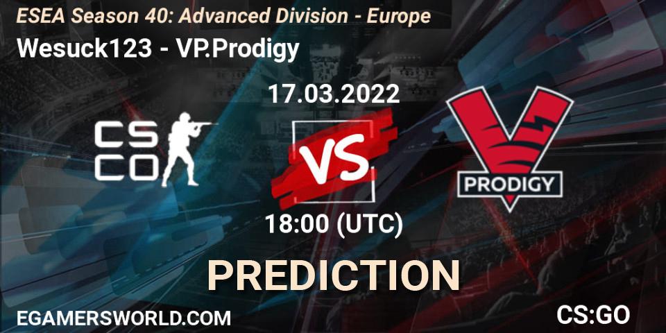 Pronósticos Wesuck123 - VP.Prodigy. 17.03.2022 at 18:00. ESEA Season 40: Advanced Division - Europe - Counter-Strike (CS2)