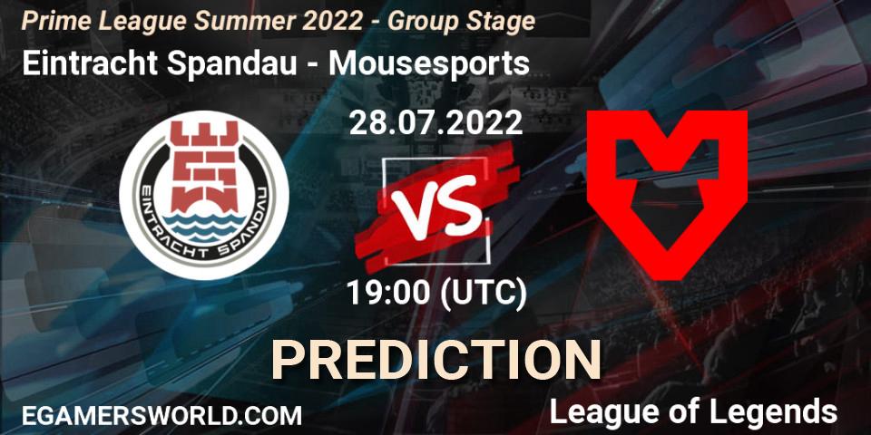 Pronósticos Eintracht Spandau - Mousesports. 28.07.22. Prime League Summer 2022 - Group Stage - LoL