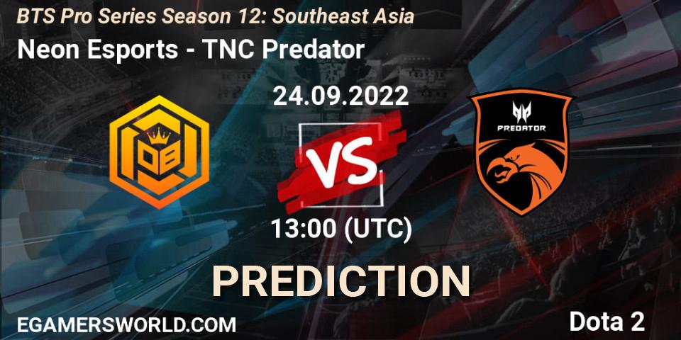 Pronósticos Neon Esports - TNC Predator. 24.09.2022 at 13:20. BTS Pro Series Season 12: Southeast Asia - Dota 2