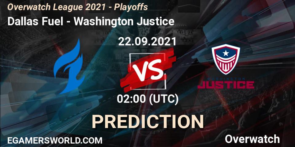 Pronósticos Dallas Fuel - Washington Justice. 21.09.2021 at 23:00. Overwatch League 2021 - Playoffs - Overwatch