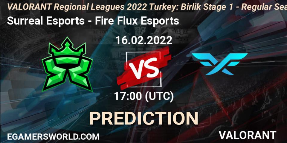 Pronósticos Surreal Esports - Fire Flux Esports. 16.02.2022 at 17:15. VALORANT Regional Leagues 2022 Turkey: Birlik Stage 1 - Regular Season - VALORANT
