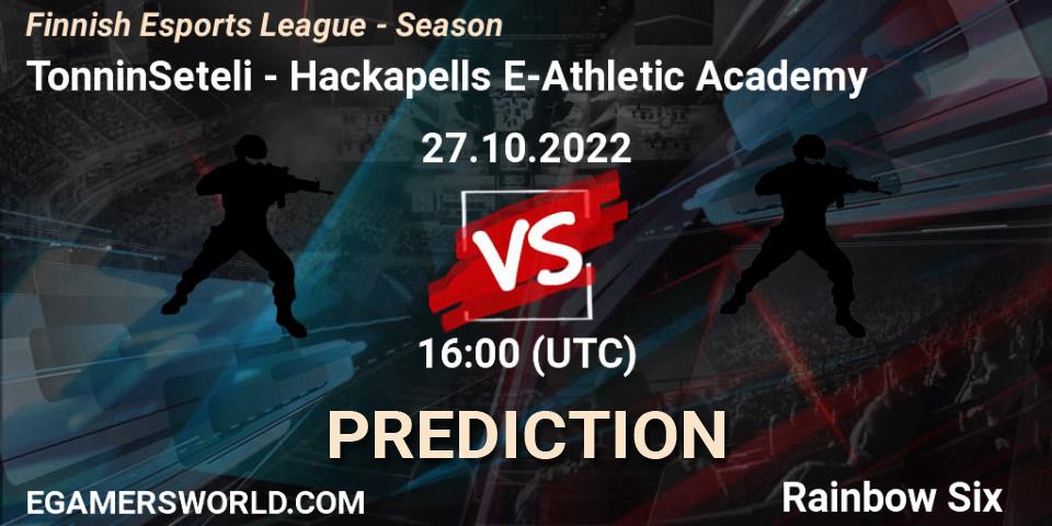 Pronósticos TonninSeteli - Hackapells E-Athletic Academy. 27.10.2022 at 16:00. Finnish Esports League - Season - Rainbow Six