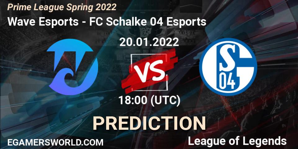 Pronósticos Wave Esports - FC Schalke 04 Esports. 20.01.2022 at 18:00. Prime League Spring 2022 - LoL