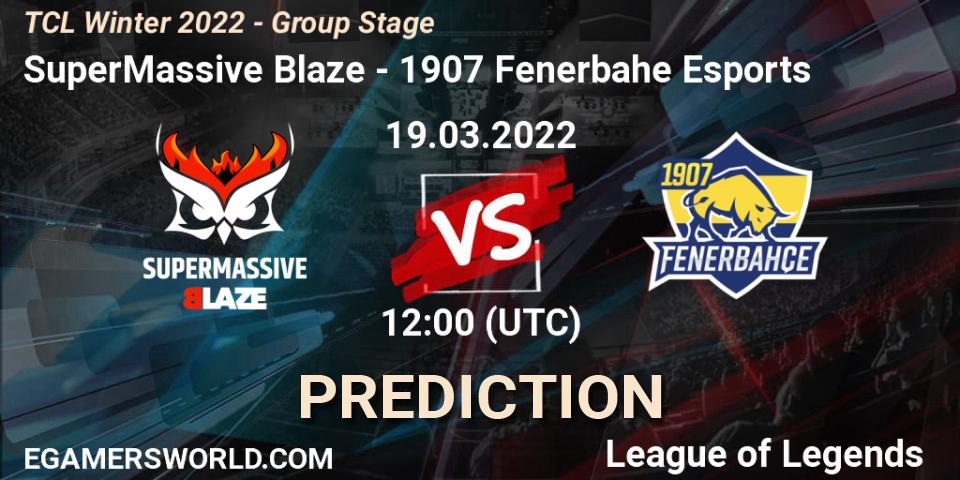 Pronósticos SuperMassive Blaze - 1907 Fenerbahçe Esports. 19.03.2022 at 12:00. TCL Winter 2022 - Group Stage - LoL