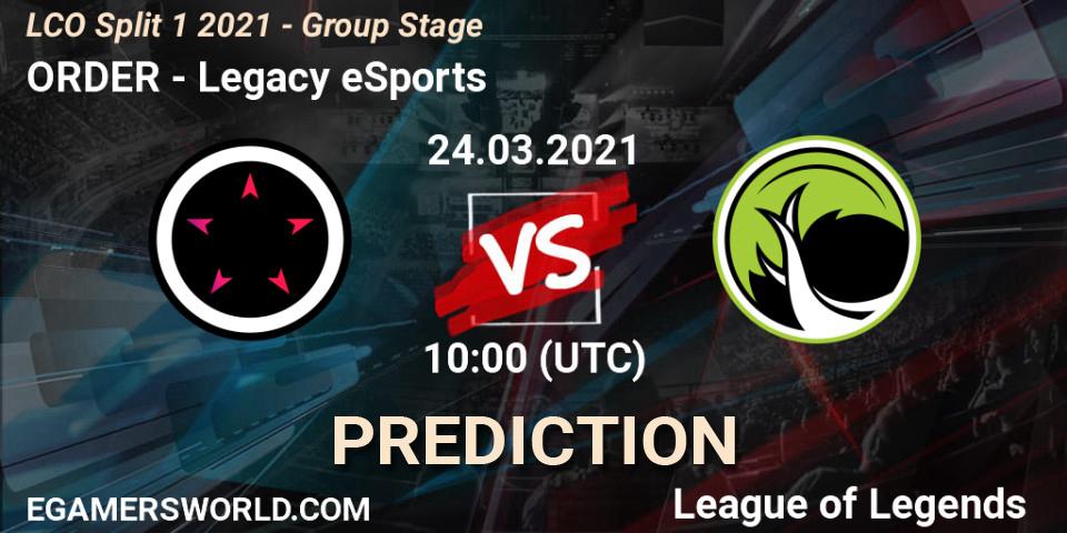 Pronósticos ORDER - Legacy eSports. 24.03.2021 at 10:00. LCO Split 1 2021 - Group Stage - LoL