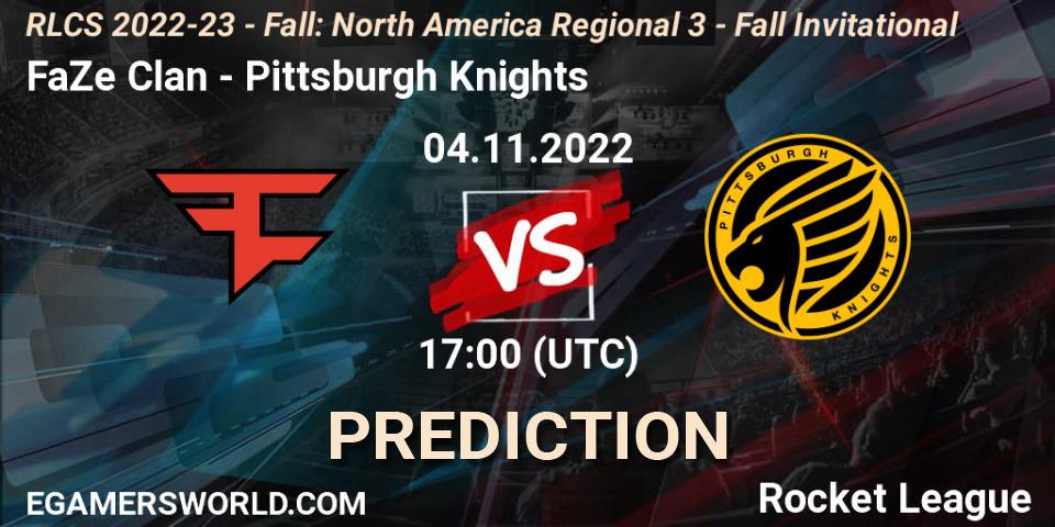 Pronósticos FaZe Clan - Pittsburgh Knights. 04.11.2022 at 17:00. RLCS 2022-23 - Fall: North America Regional 3 - Fall Invitational - Rocket League