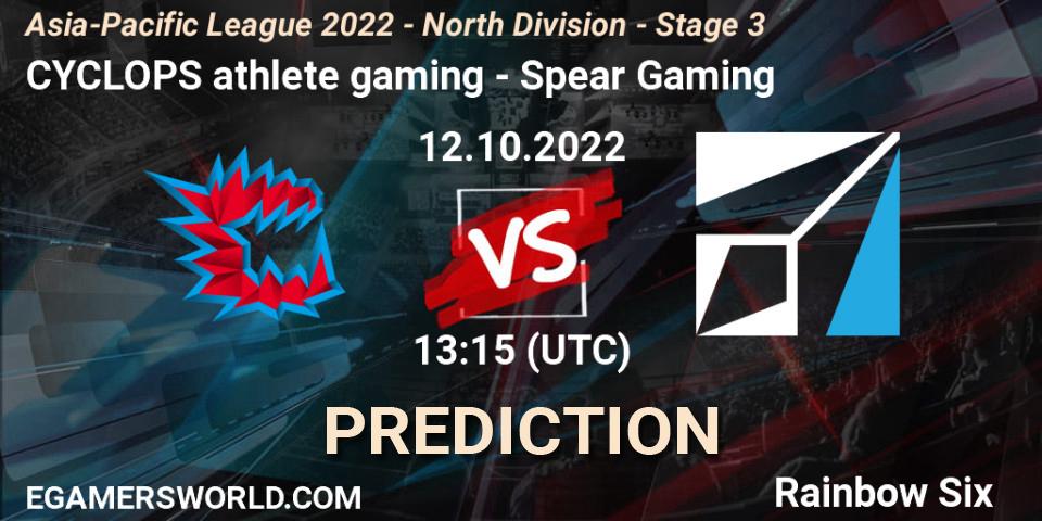 Pronósticos CYCLOPS athlete gaming - Spear Gaming. 12.10.2022 at 13:15. Asia-Pacific League 2022 - North Division - Stage 3 - Rainbow Six