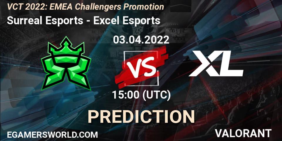 Pronósticos Surreal Esports - Excel Esports. 03.04.2022 at 15:00. VCT 2022: EMEA Challengers Promotion - VALORANT