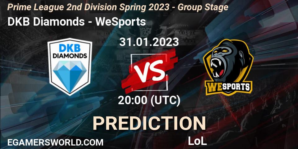 Pronósticos DKB Diamonds - WeSports. 31.01.23. Prime League 2nd Division Spring 2023 - Group Stage - LoL