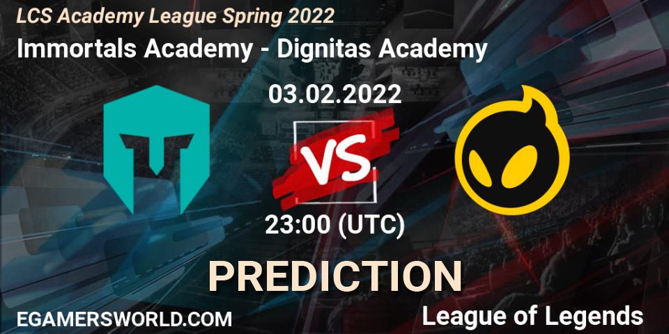 Pronósticos Immortals Academy - Dignitas Academy. 03.02.2022 at 23:00. LCS Academy League Spring 2022 - LoL