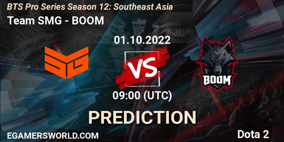 Pronósticos Team SMG - BOOM. 01.10.2022 at 09:11. BTS Pro Series Season 12: Southeast Asia - Dota 2
