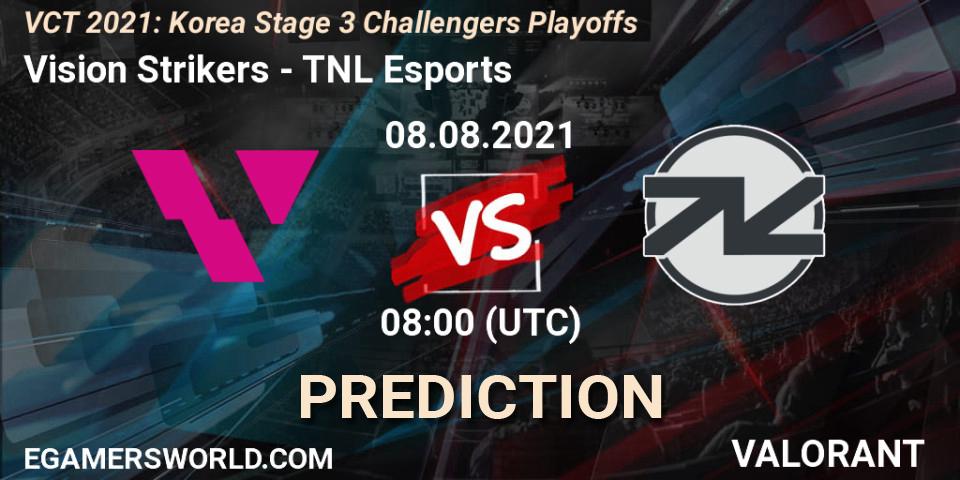 Pronósticos Vision Strikers - TNL Esports. 08.08.2021 at 08:00. VCT 2021: Korea Stage 3 Challengers Playoffs - VALORANT
