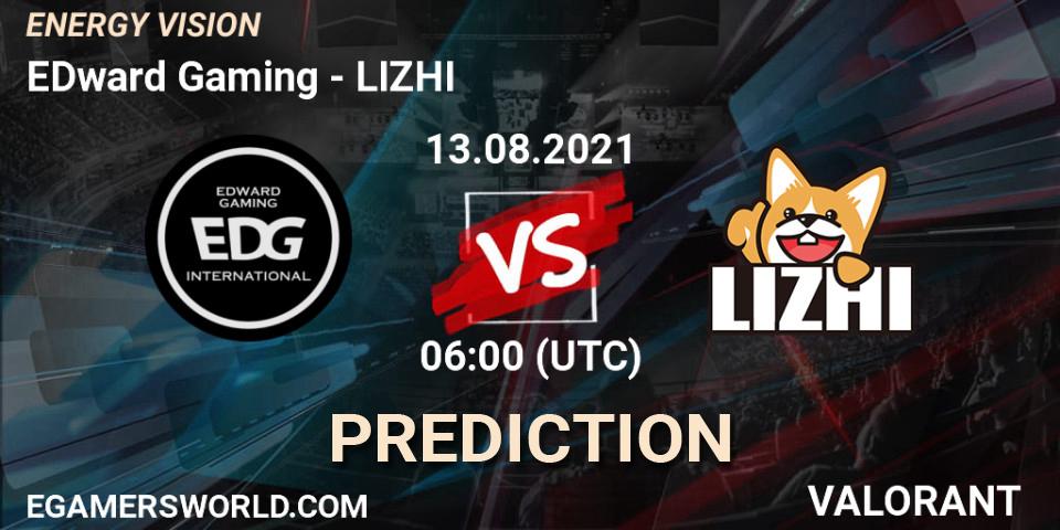Pronósticos EDward Gaming - LIZHI. 13.08.2021 at 06:00. ENERGY VISION - VALORANT