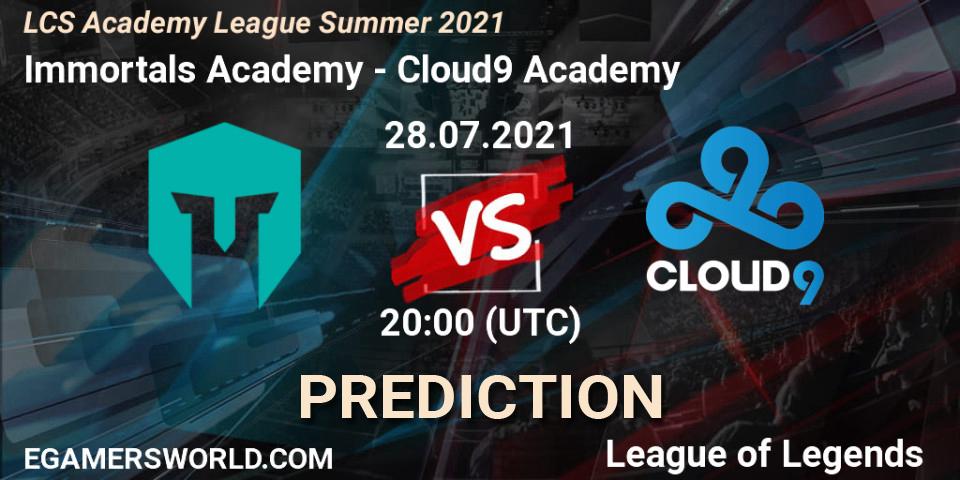 Pronósticos Immortals Academy - Cloud9 Academy. 28.07.2021 at 20:00. LCS Academy League Summer 2021 - LoL