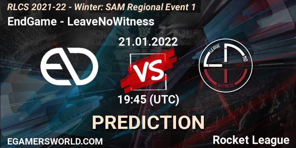 Pronósticos EndGame - LeaveNoWitness. 21.01.2022 at 19:45. RLCS 2021-22 - Winter: SAM Regional Event 1 - Rocket League