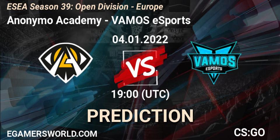 Pronósticos Anonymo Academy - VAMOS eSports. 04.01.2022 at 19:00. ESEA Season 39: Open Division - Europe - Counter-Strike (CS2)