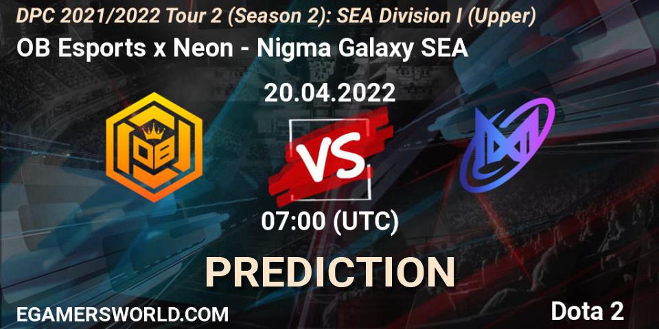Pronósticos OB Esports x Neon - Nigma Galaxy SEA. 20.04.2022 at 07:01. DPC 2021/2022 Tour 2 (Season 2): SEA Division I (Upper) - Dota 2