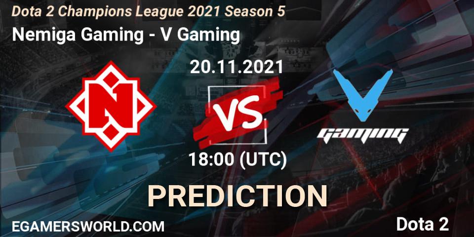 Pronósticos Nemiga Gaming - V Gaming. 20.11.2021 at 18:41. Dota 2 Champions League 2021 Season 5 - Dota 2