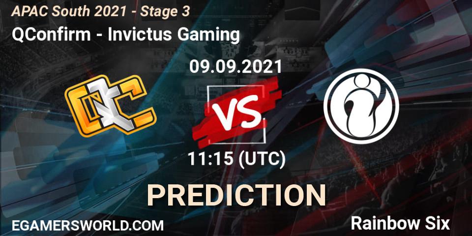 Pronósticos QConfirm - Invictus Gaming. 09.09.2021 at 11:15. APAC South 2021 - Stage 3 - Rainbow Six