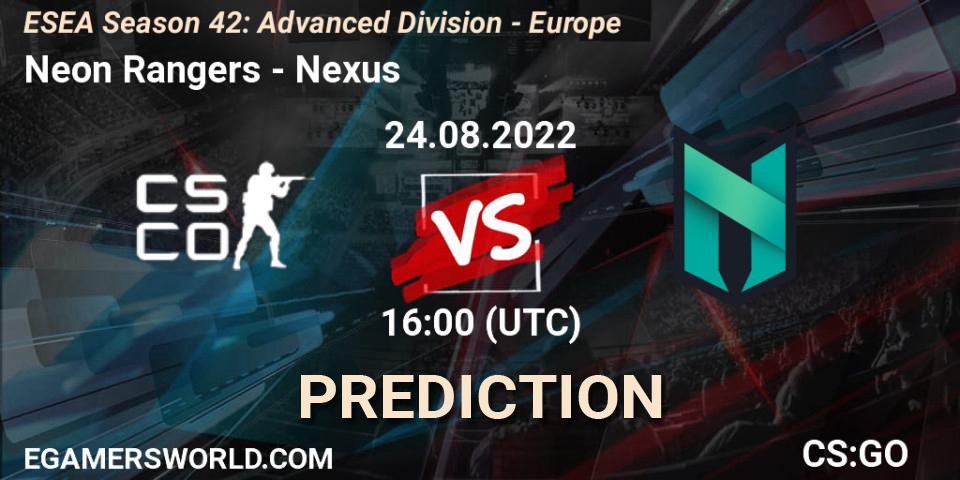 Pronósticos Neon Rangers - Nexus. 24.08.2022 at 16:00. ESEA Season 42: Advanced Division - Europe - Counter-Strike (CS2)
