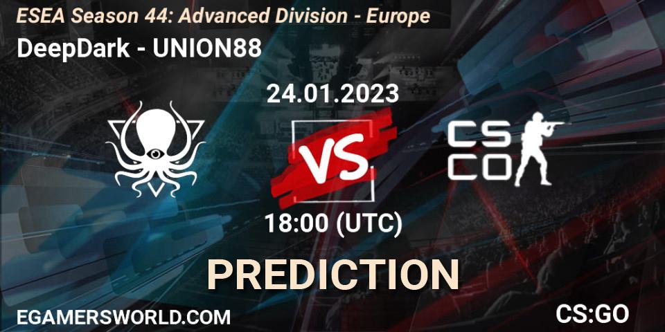 Pronósticos DeepDark - UNION88. 24.01.2023 at 18:00. ESEA Season 44: Advanced Division - Europe - Counter-Strike (CS2)