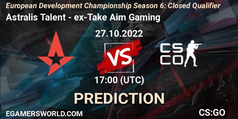 Pronósticos Astralis Talent - ex-Take Aim Gaming. 27.10.2022 at 17:00. European Development Championship Season 6: Closed Qualifier - Counter-Strike (CS2)
