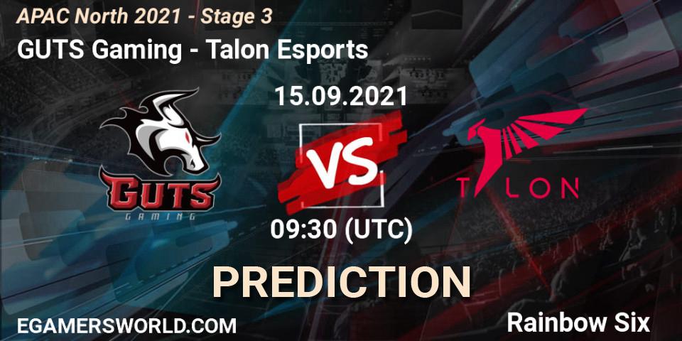 Pronósticos GUTS Gaming - Talon Esports. 15.09.2021 at 09:30. APAC North 2021 - Stage 3 - Rainbow Six