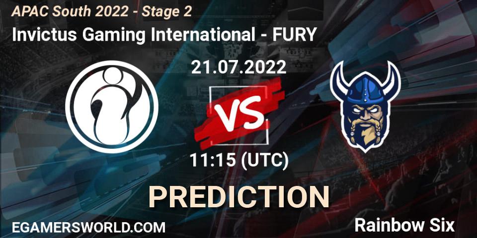 Pronósticos Invictus Gaming International - FURY. 21.07.2022 at 11:15. APAC South 2022 - Stage 2 - Rainbow Six