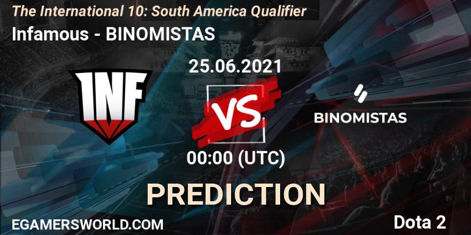Pronósticos Infamous - BINOMISTAS. 24.06.2021 at 22:37. The International 10: South America Qualifier - Dota 2