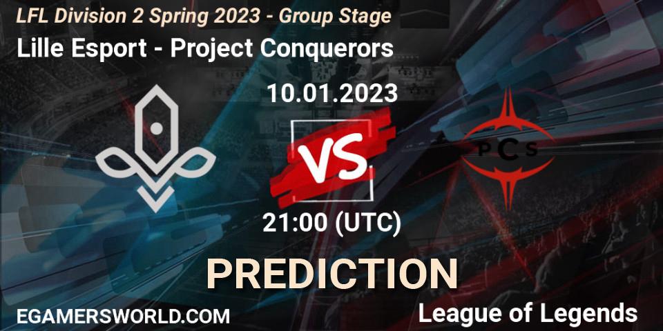 Pronósticos Lille Esport - Project Conquerors. 10.01.2023 at 21:00. LFL Division 2 Spring 2023 - Group Stage - LoL