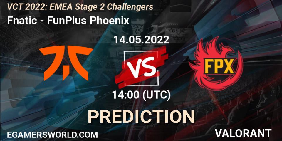 Pronósticos Fnatic - FunPlus Phoenix. 14.05.2022 at 14:05. VCT 2022: EMEA Stage 2 Challengers - VALORANT