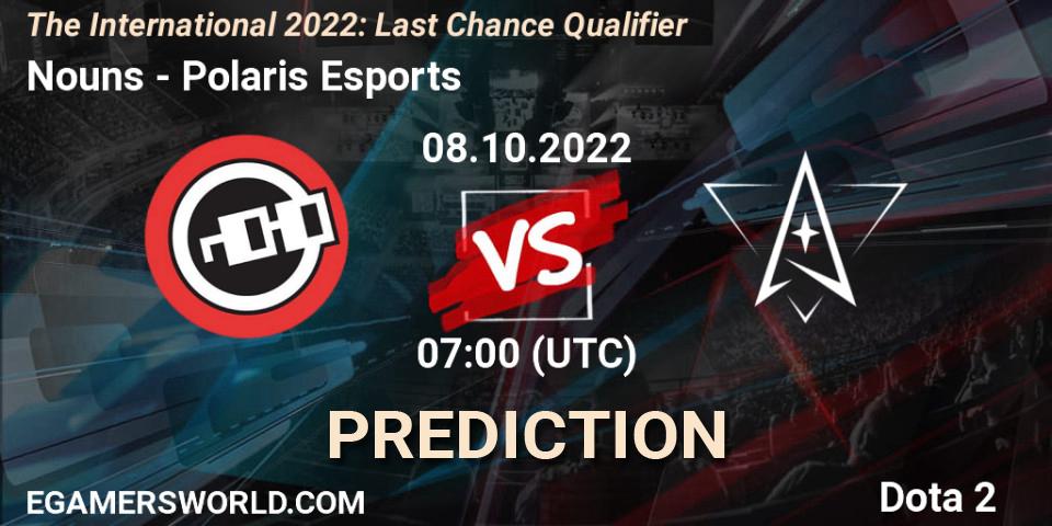 Pronósticos Nouns - Polaris Esports. 08.10.2022 at 07:06. The International 2022: Last Chance Qualifier - Dota 2