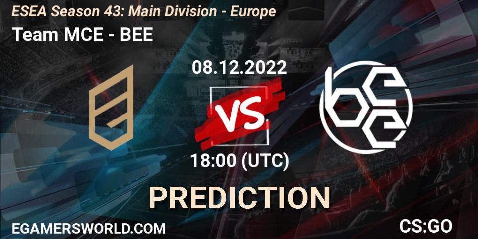 Pronósticos Team MCE - BEE. 08.12.2022 at 18:00. ESEA Season 43: Main Division - Europe - Counter-Strike (CS2)