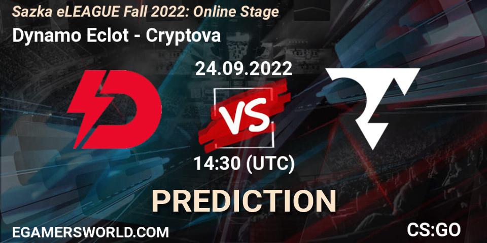 Pronósticos Dynamo Eclot - Cryptova. 24.09.2022 at 14:30. Sazka eLEAGUE Fall 2022: Online Stage - Counter-Strike (CS2)