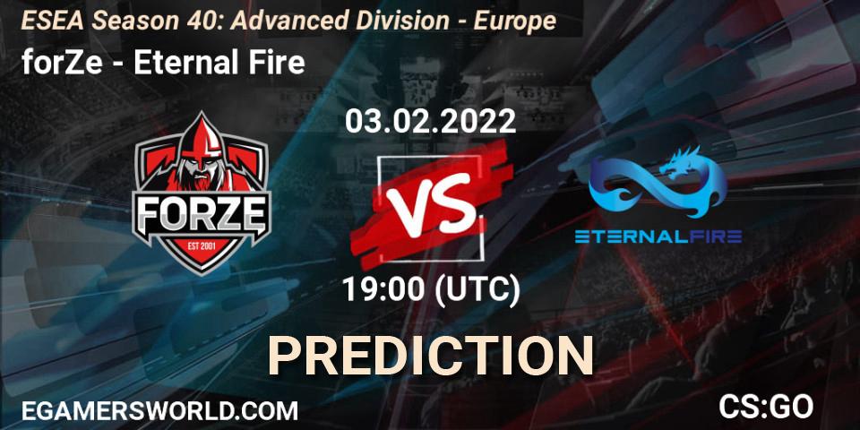 Pronósticos forZe - Eternal Fire. 03.02.2022 at 19:00. ESEA Season 40: Advanced Division - Europe - Counter-Strike (CS2)