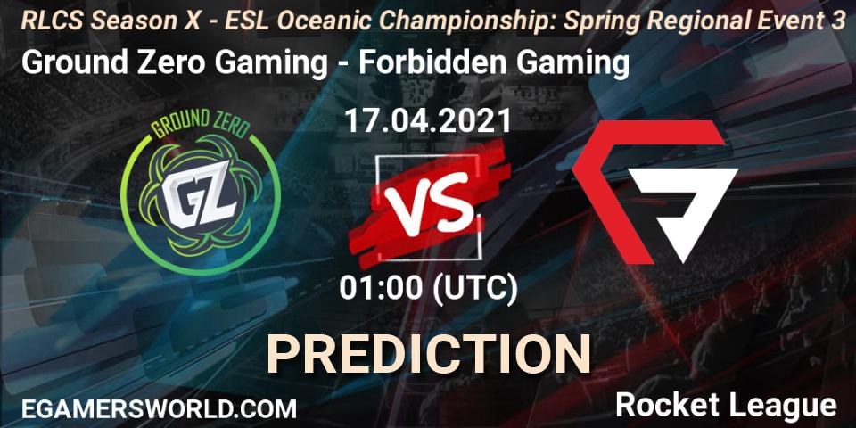 Pronósticos Ground Zero Gaming - Forbidden Gaming. 17.04.2021 at 02:00. RLCS Season X - ESL Oceanic Championship: Spring Regional Event 3 - Rocket League