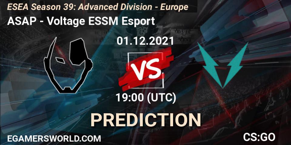 Pronósticos ASAP - Voltage ESSM Esport. 01.12.2021 at 19:00. ESEA Season 39: Advanced Division - Europe - Counter-Strike (CS2)