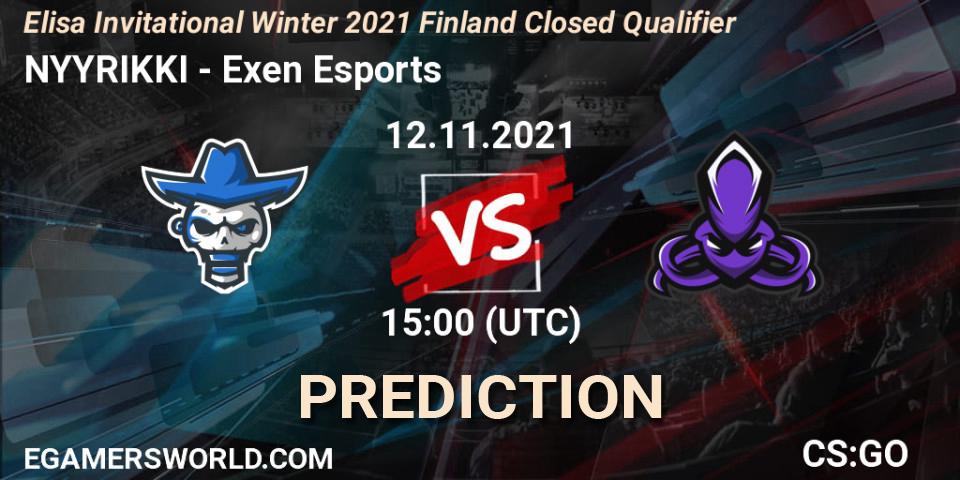 Pronósticos NYYRIKKI - Exen Esports. 12.11.2021 at 15:00. Elisa Invitational Winter 2021 Finland Closed Qualifier - Counter-Strike (CS2)