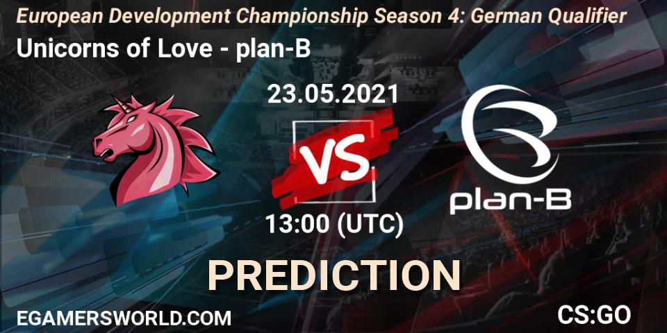 Pronósticos Unicorns of Love - plan-B. 23.05.2021 at 13:00. European Development Championship Season 4: German Qualifier - Counter-Strike (CS2)