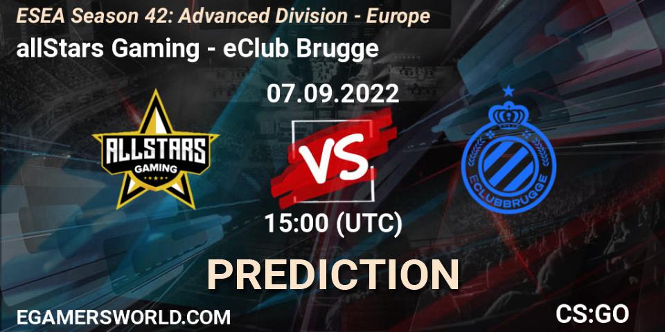 Pronósticos allStars Gaming - eClub Brugge. 07.09.2022 at 15:00. ESEA Season 42: Advanced Division - Europe - Counter-Strike (CS2)