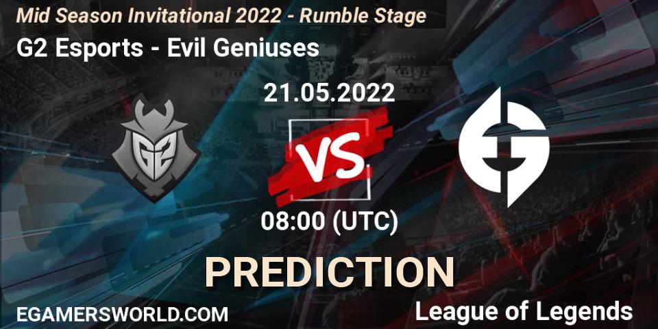 Pronósticos G2 Esports - Evil Geniuses. 21.05.2022 at 08:00. Mid Season Invitational 2022 - Rumble Stage - LoL